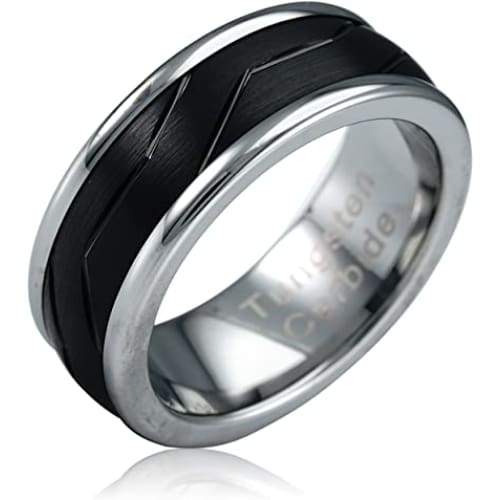 Omaha Black Angled Groove Lines Tungsten Carbide Wedding Ring - 8mm