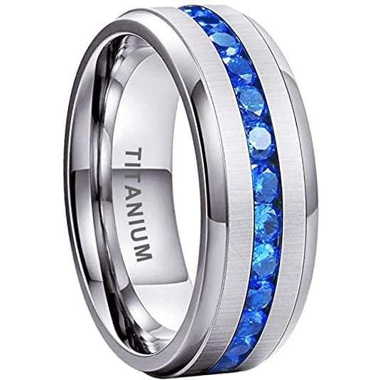 Ontario Titanium Ring Raised Center Blue Round Princess Cubic Zirconia Inlay - 8mm