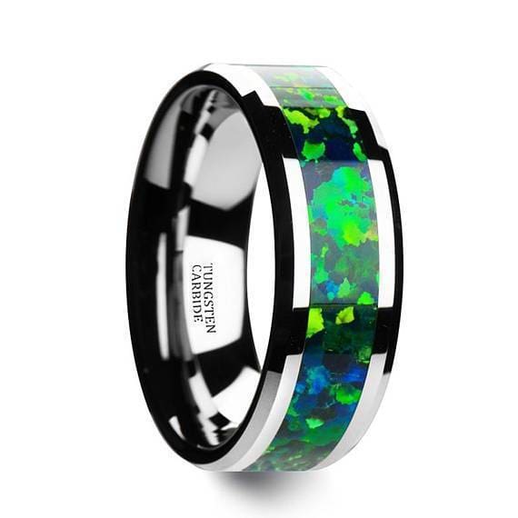 Opal Tungsten Wedding Band Green Blue Inlay Beveled Polished Finish 6mm & 8mm