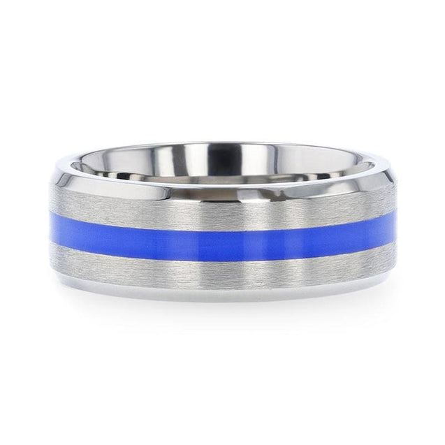 ORLANDO Blue Stripe Inlaid Titanium Flat Men’s Wedding Ring - 8mm