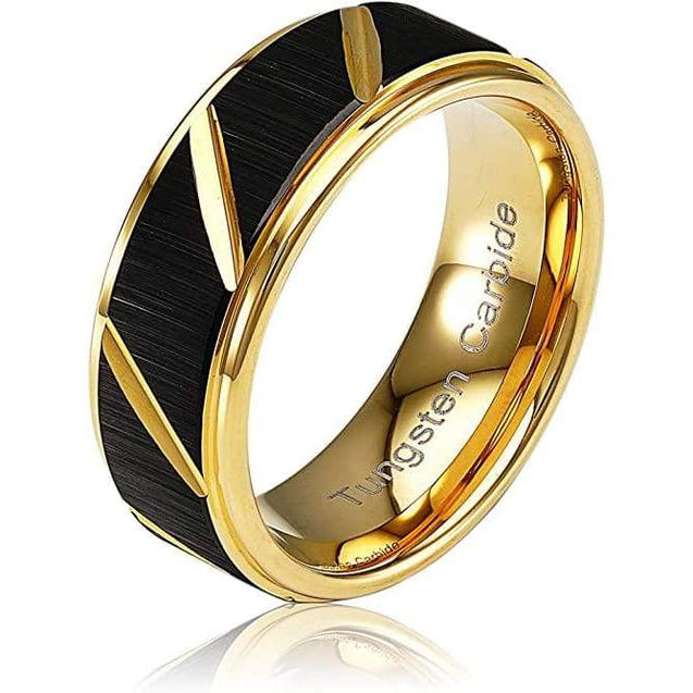 Oxford Black Matte Multiple Grooves Yellow Gold Plated Tungsten Carbide Ring 8mm