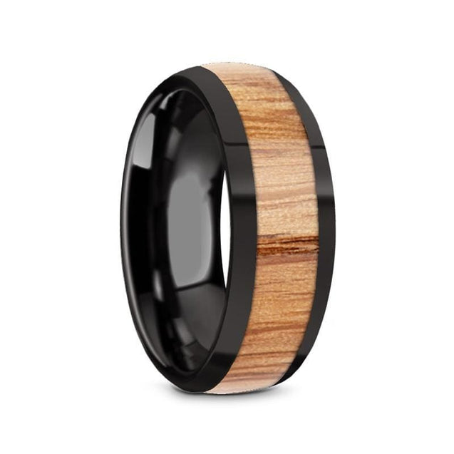 PAOLO Men’s Domed Black Ceramic Wedding Band With Red Oak Wood Inlay 8mm