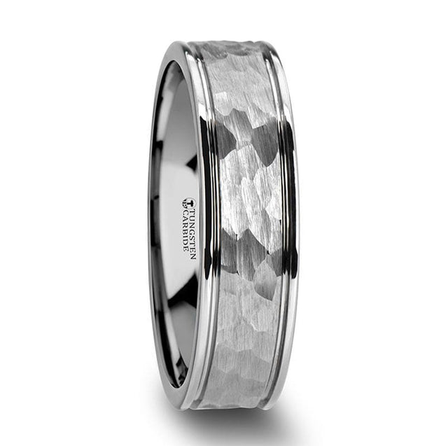 PLUTO Hammered Finish Center Tungsten Ring With Dual Offset Grooves 6mm - 8mm