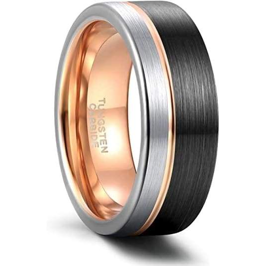 Portland Rose Gold Plated Grooved Tritone Men’s Tungsten carbide Ring - 8mm