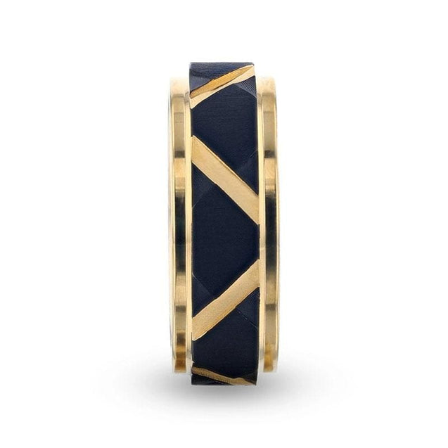 PUEBLO Titanium Ring Matte Black Raised Horizontal Etches And Gold-Plated Diagonal Cut Inlay