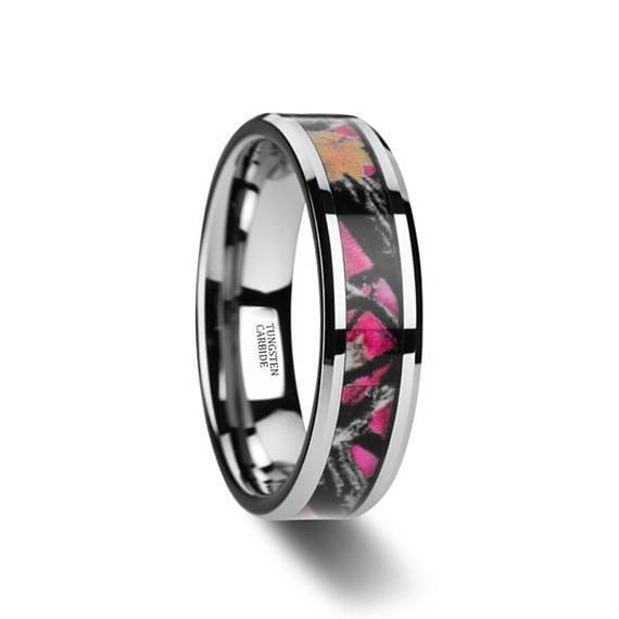 Real Pink Oak Leaves Camo Tungsten Wedding Ring Beveled Edges 6mm & 8mm
