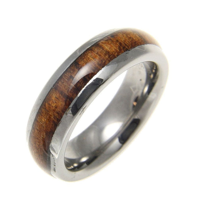 Renee Tungsten Band Ring Comfort Fit Dome Style Genuine Inlay Hawaiian Koa Wood - 6mm