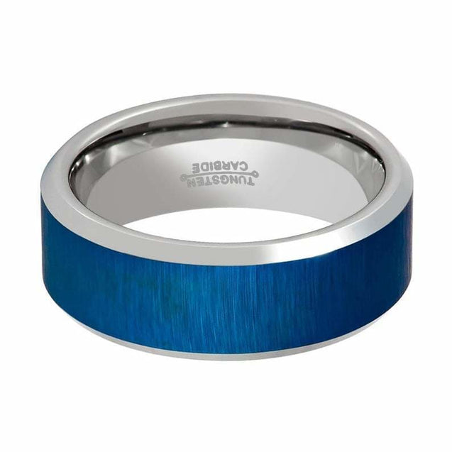 Riverton Blue Tungsten Ring with Reflective Finish Beveled Edges for Men - 8mm
