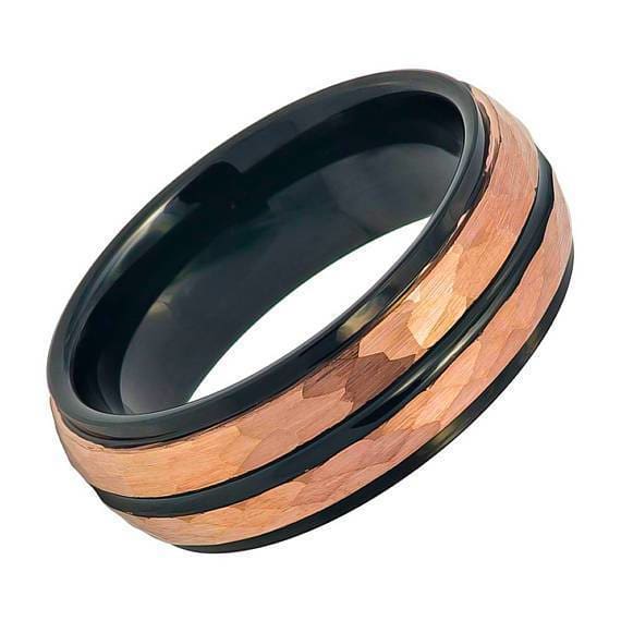 Rose Gold Hammered Finish Tungsten Two-tone with Black Center Groove Stepped Edge - 8mm
