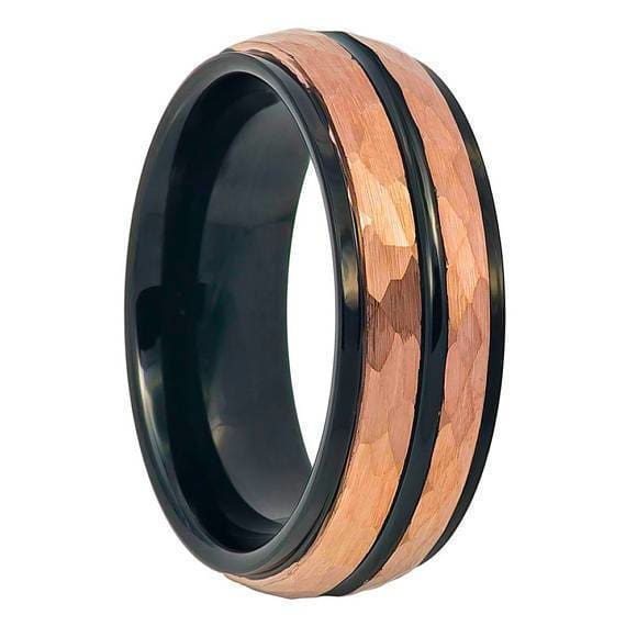Rose Gold Hammered Finish Tungsten Two-tone with Black Center Groove Stepped Edge - 8mm