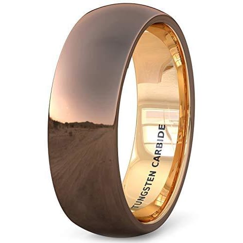 Rose Gold IP Inside Dome Tungsten Ring Polished Brown Comfort Fit - 8mm