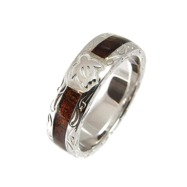 SANI Wedding Band Ring Genuine Hawaiian Koa Wood Eternity Honu Turtle 925 Silver - 6mm