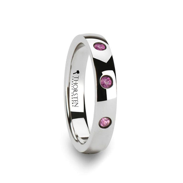 SELMA Ladie’s Domed White Tungsten Wedding Band With 3 Pink Sapphires 4 mm