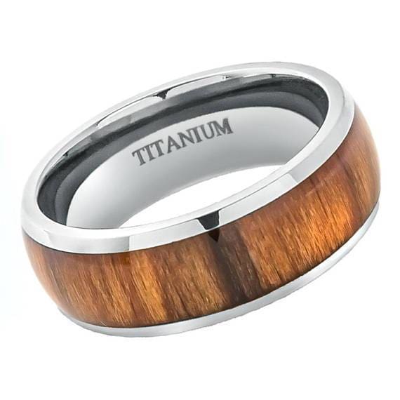Solid Titanium Wedding Ring High Polished Domed with Genuine Santos Rosewood Inlay - 8mm