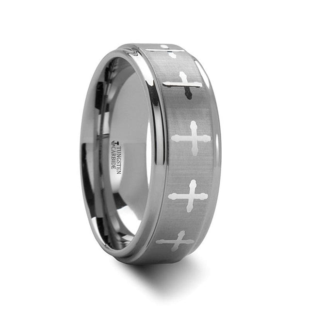 TATE Raised Center With Engraved Crosses Men’s Tungsten Wedding Band – 8mm