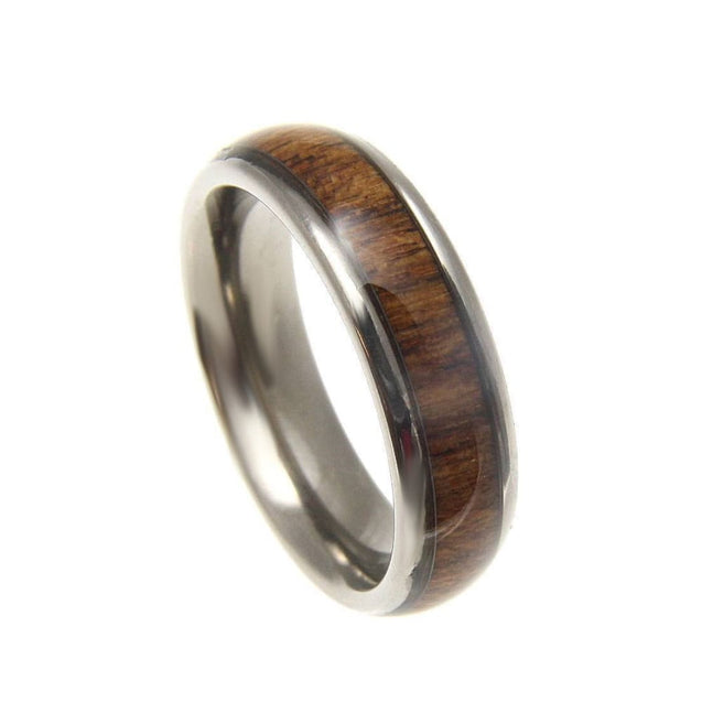 Titanium Band Ring Genuine Inlay Hawaiian Koa Wood Comfort Fit Dome Style - 6mm