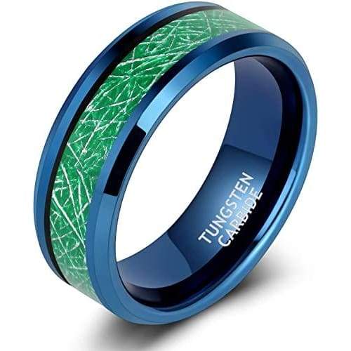 Towson Beveled Blue Tungsten Wedding Band Green Sandstone Meteorite Ring 8mm