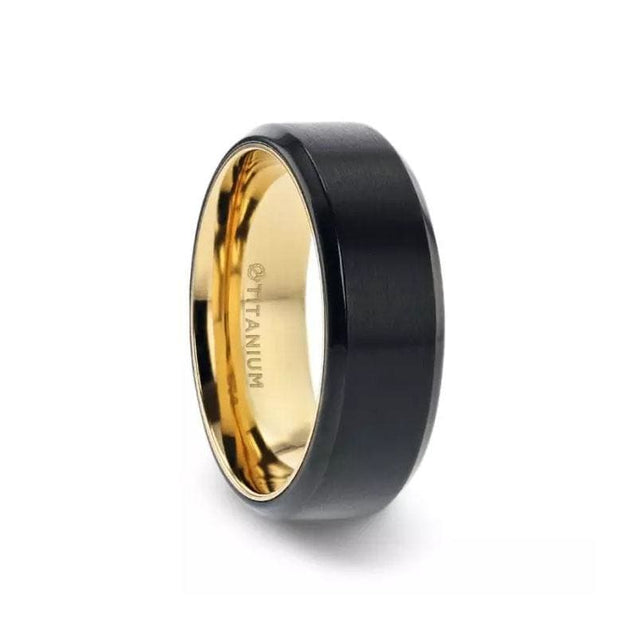 TUCSON Flat Black Titanium Men’s Wedding Ring Yellow Gold Inlaid Inside - 8mm