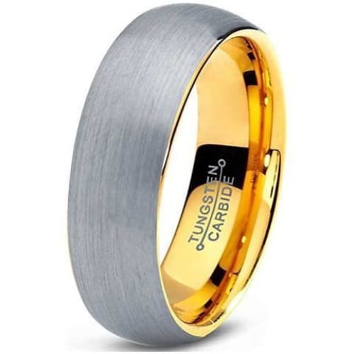 Tungsten Ring With 18K Yellow Gold Plated Domed Brushed Comfort Fit - 7mm