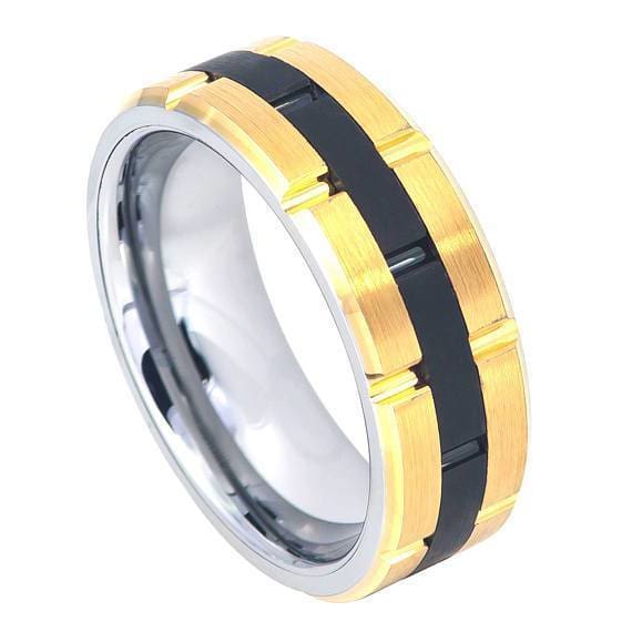 Tungsten Ring With Grooved Yellow Gold IP Sides and Black Center - 8mm