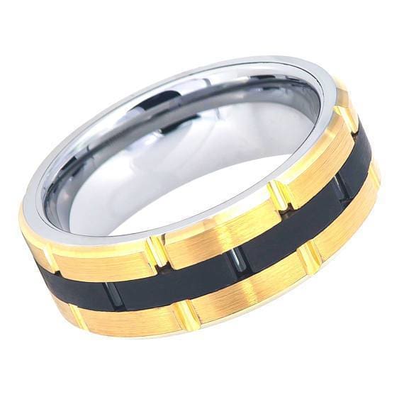 Tungsten Ring With Grooved Yellow Gold IP Sides and Black Center - 8mm