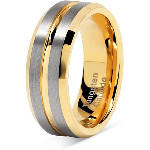 Tungsten Rings for Mens Two Tone Gold Wedding Bands Silver Matte Finish - 8mm