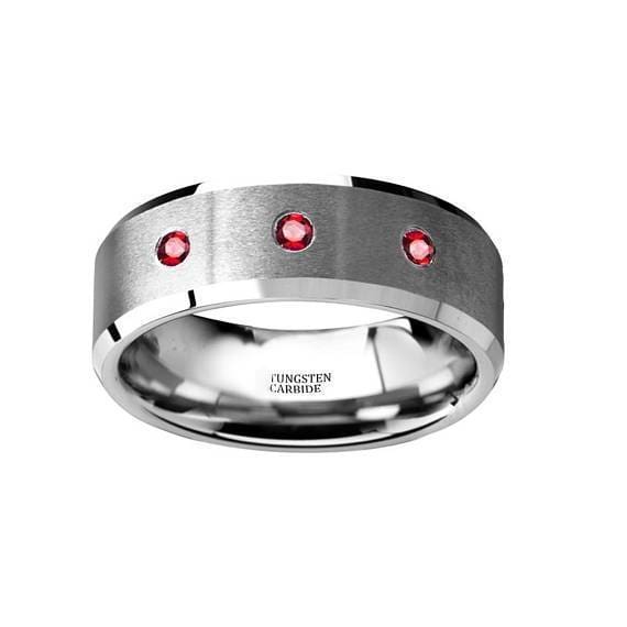 Tungsten Wedding Band Brushed Beveled Edges with 3 Red Ruby Diamond Settings - 8mm