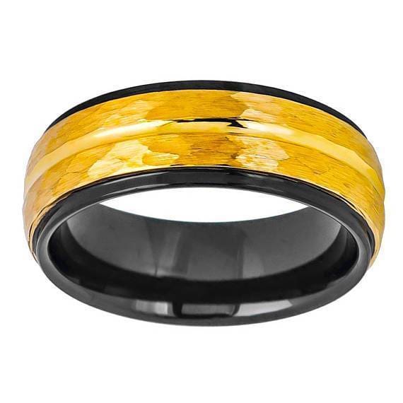 Two-Tone Hammered Finish Tungsten Ring Ywllow Gold IP Inlaid Grooved Center - 8mm