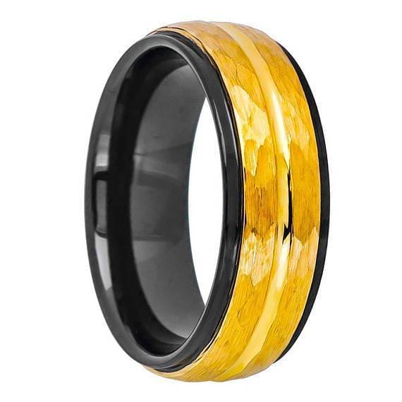 Two-Tone Hammered Finish Tungsten Ring Ywllow Gold IP Inlaid Grooved Center - 8mm