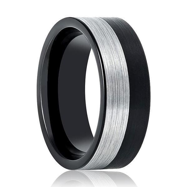 Two-Tone Silver & Black Brushed Tungsten Carbide Ring For Men 8mm
