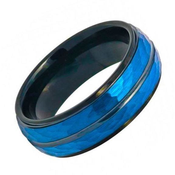 Two-Tone Tungsten Ring Blue IP & Black Hammered Finish Beveled Edge High Polished Stepped - 8mm