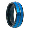 Two-Tone Tungsten Ring Blue IP & Black Hammered Finish Beveled Edge High Polished Stepped - 8mm