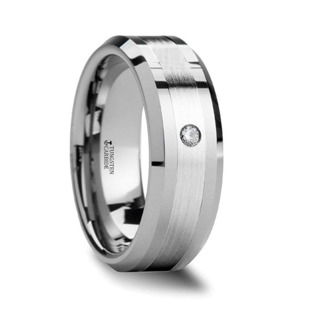 VITUS Silver Inlaid Center Beveled Tungsten Carbide Ring With Diamond - 8mm
