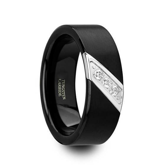 White Diamond Black Tungsten Wedding Ring Flat Brushed with 3 Diamonds - 8mm