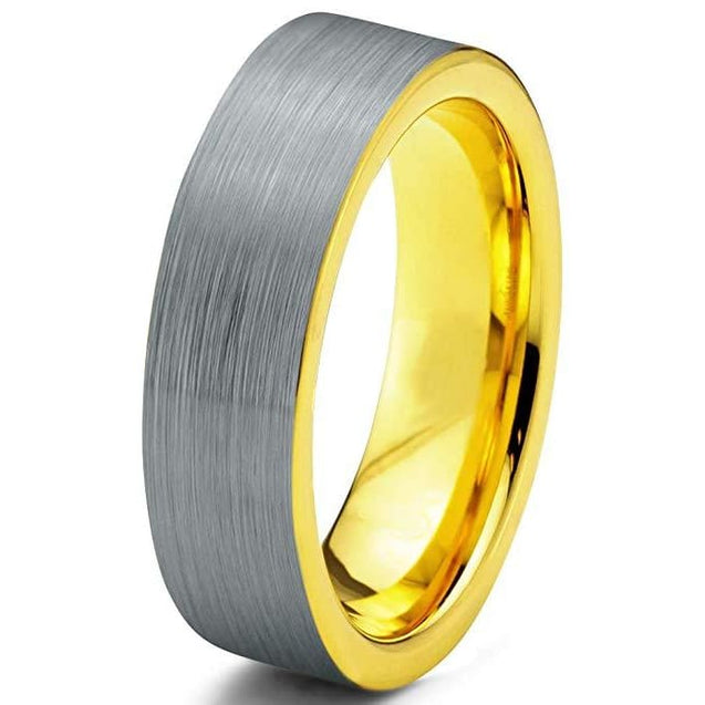 Yellow Gold Plated Tungsten Ring Flat Cut Comfort Fit and Brushed Finish - 6mm