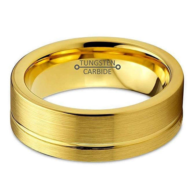 Yellow Gold Plated Tungsten Wedding Band Flat Cut With Grooved Center - 6mm