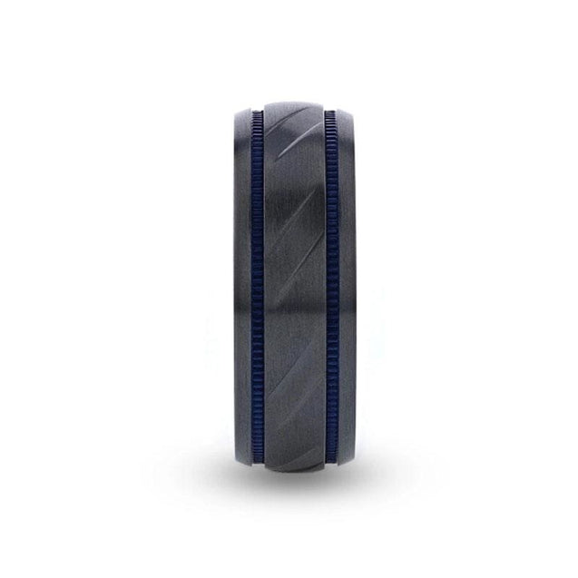 ZION Black Titanium Diagonal Pattern Wedding Ring Blue Milgrain Grooves – 8mm